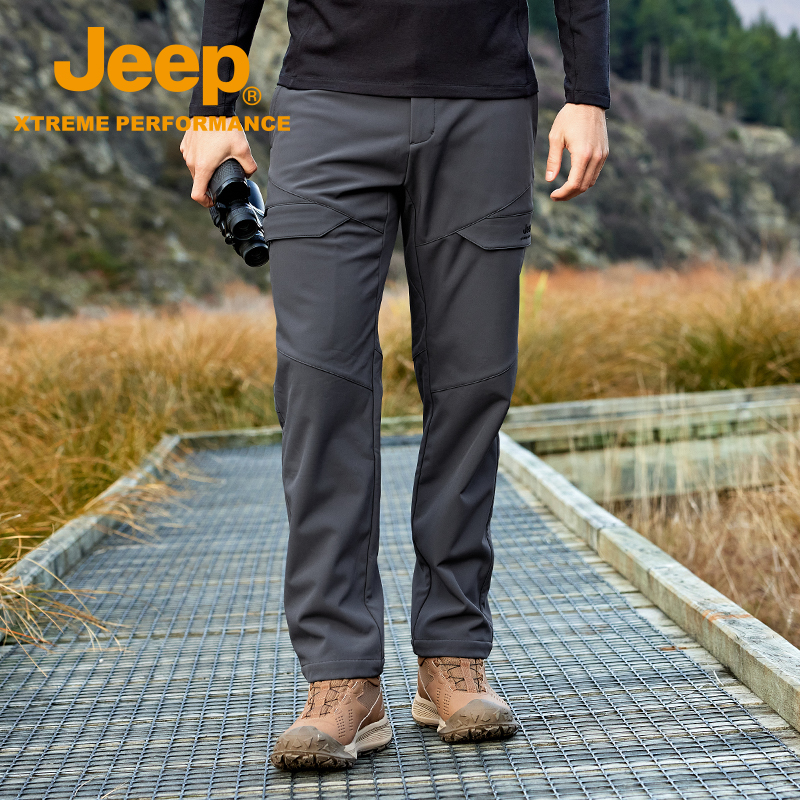 Jeep吉普户外防泼水软壳裤男秋冬加绒保暖直筒长裤透气耐磨运动裤