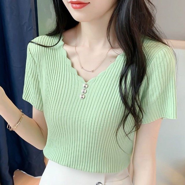 Ice Silk Short sleeved T-shirt Women's Summer New Slim Fit Short Korean Button V-neck Knitted Bottom Shirt Thin Top