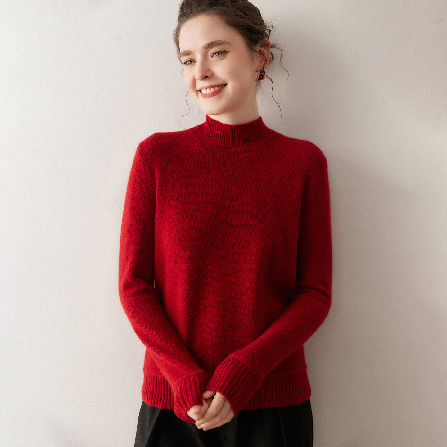 康赛妮双股加厚100%山羊绒衫女小圆领针织打底衫秋冬高档保暖毛衣 - 图1