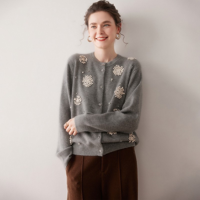 2025秋冬100%纯山羊绒衫女开衫加厚立体花朵针织毛衣外套保暖毛衫,淘宝优惠券,粉丝福利购,淘宝优惠卷