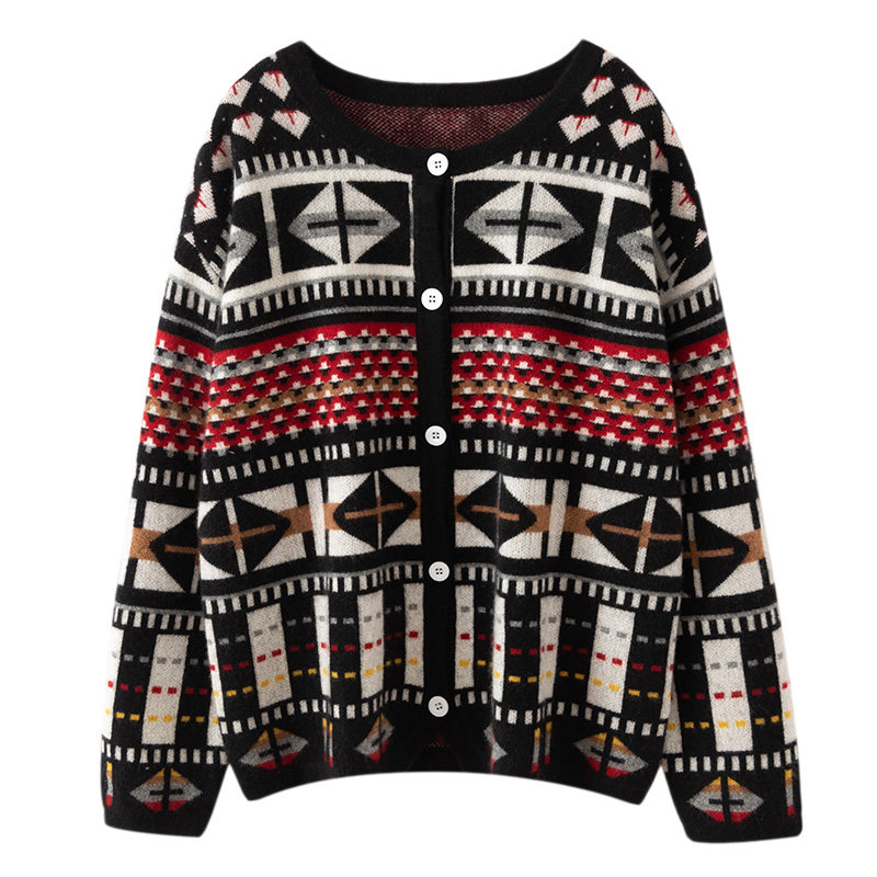 秋冬新款100%纯山羊绒衫女圆领复古提花针织开衫宽松百搭外套毛衣,淘宝优惠券,粉丝福利购,淘宝优惠卷