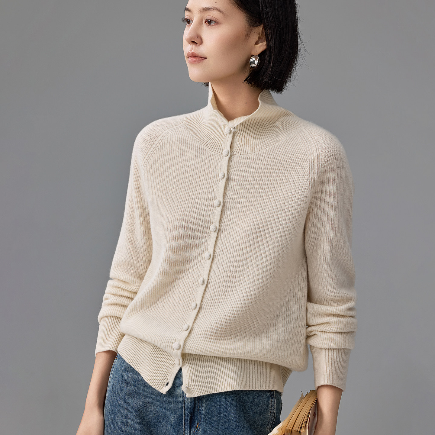 2025秋冬新款100纯山羊绒开衫女高领元宝针厚款简约通勤针织外搭,淘宝优惠券,粉丝福利购,淘宝优惠卷