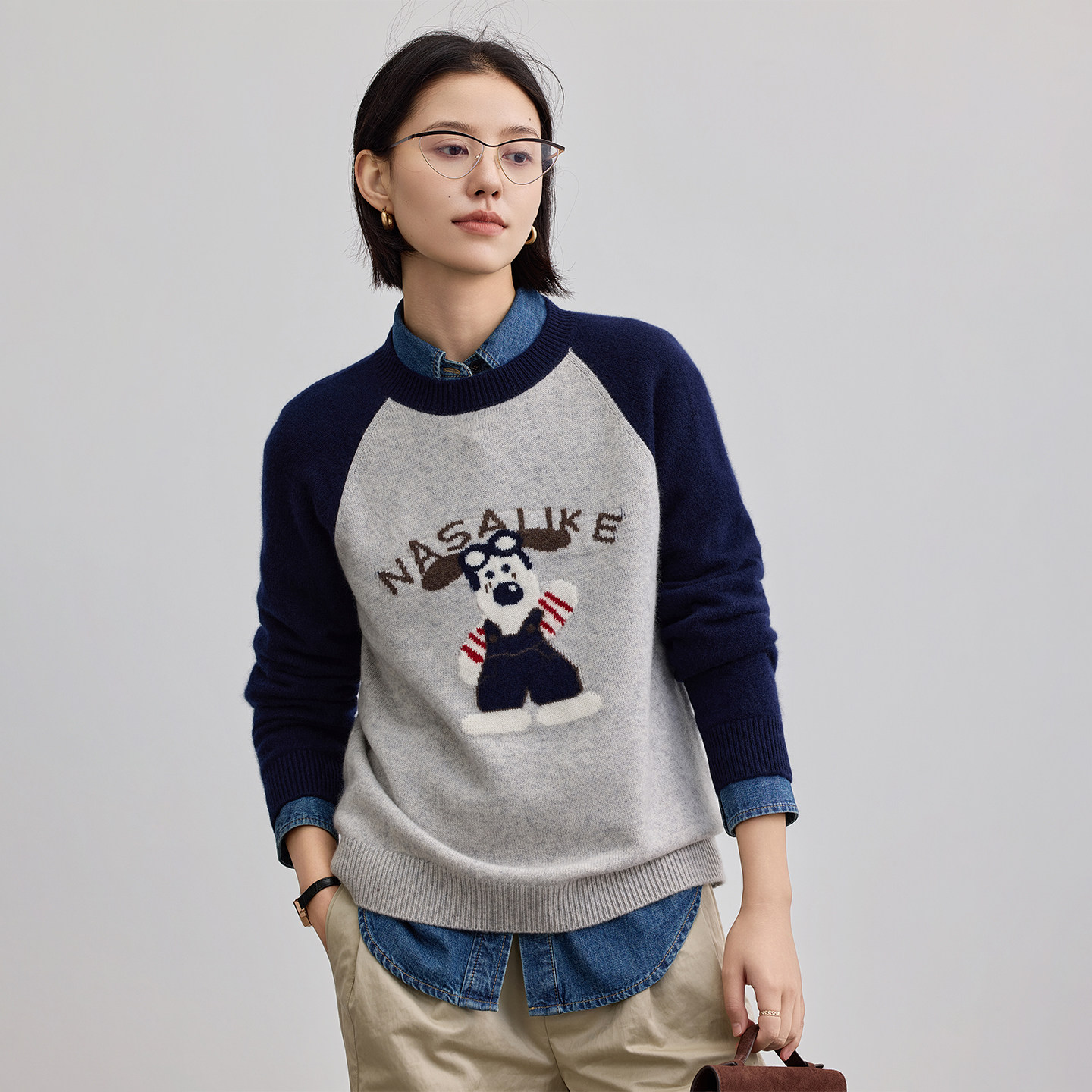 秋冬新款100%山羊绒衫圆领加厚插肩卡通减龄慵懒风百搭针织打底衫,淘宝优惠券,粉丝福利购,淘宝优惠卷