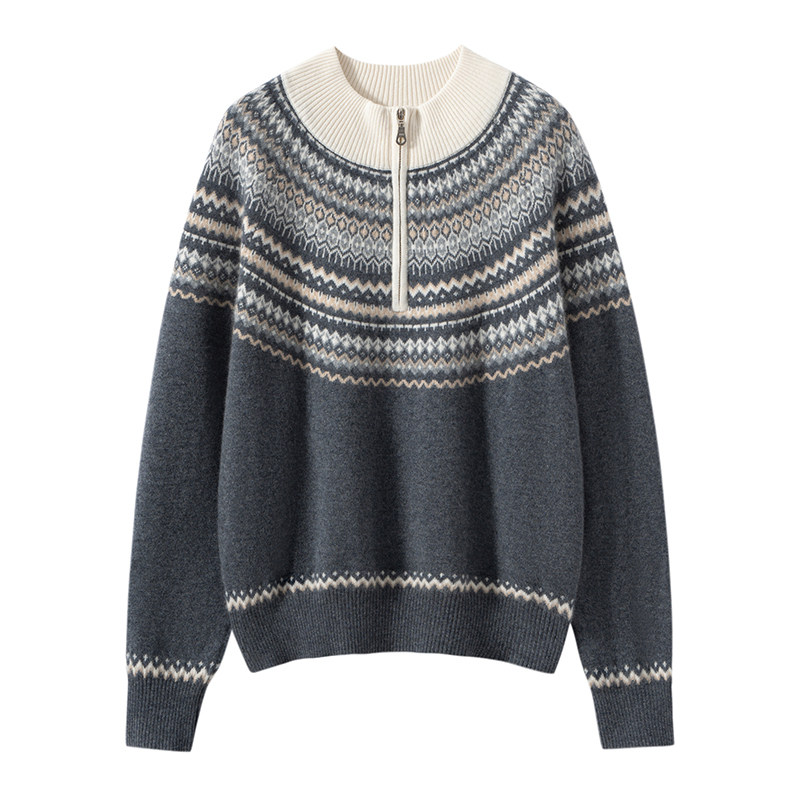 2025秋冬新款女撞色提花半拉链100%纯山羊绒衫休闲宽松保暖打底衫,淘宝优惠券,粉丝福利购,淘宝优惠卷