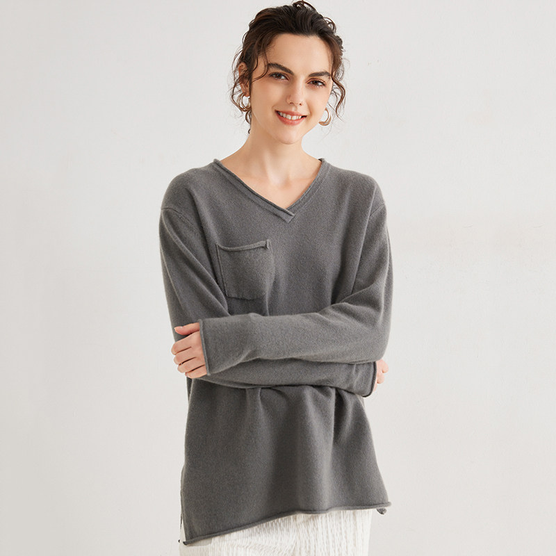 秋冬新款100纯山羊绒衫女V领口袋开叉软糯慵懒宽松外穿针织衫毛衣,淘宝优惠券,粉丝福利购,淘宝优惠卷