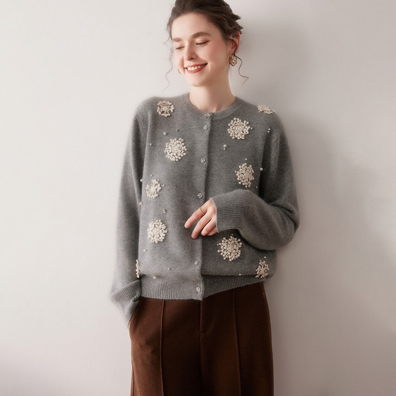 2025秋冬100%纯山羊绒衫女开衫加厚立体花朵针织毛衣外套保暖毛衫,淘宝优惠券,粉丝福利购,淘宝优惠卷
