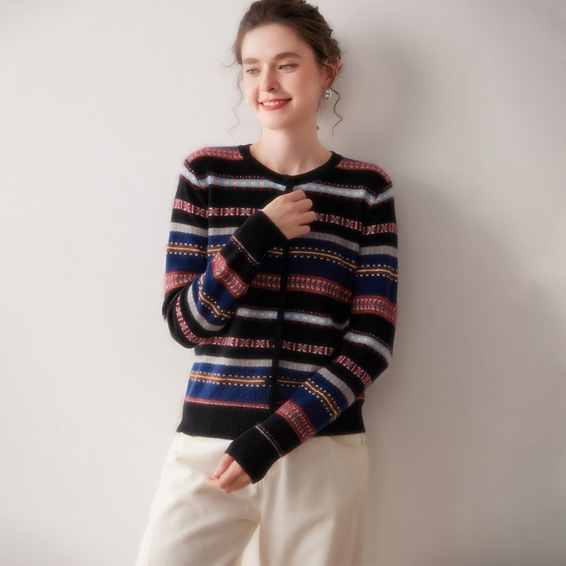 2025秋冬新款100%纯山羊绒开衫女圆领复古提花撞色条纹针织衫外套,淘宝优惠券,粉丝福利购,淘宝优惠卷