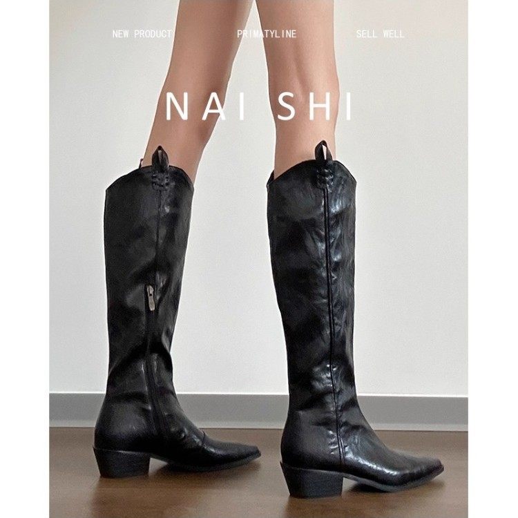 牛皮版！英伦内增高3.5cm粗跟长筒靴女2025新款尖头v口西部骑士靴,淘宝优惠券,粉丝福利购,淘宝优惠卷