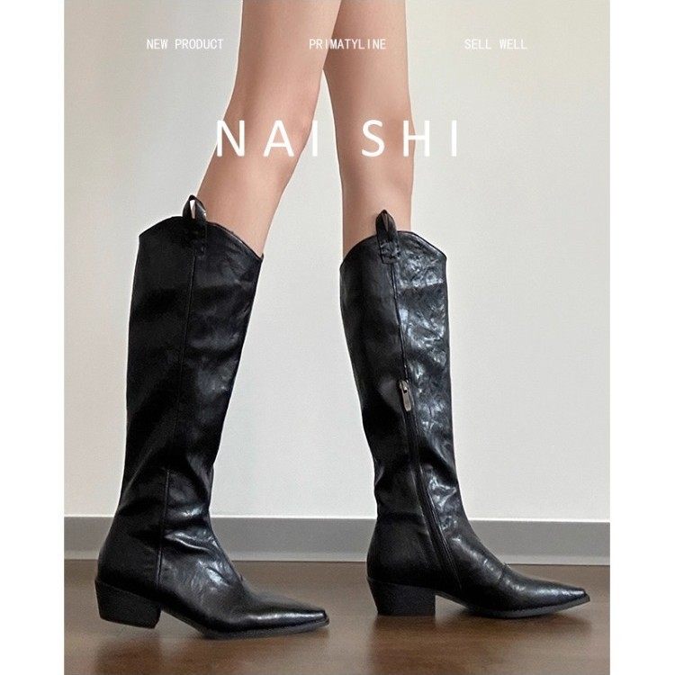 牛皮版！英伦内增高3.5cm粗跟长筒靴女2025新款尖头v口西部骑士靴,淘宝优惠券,粉丝福利购,淘宝优惠卷