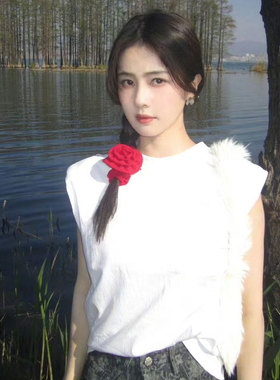 白鹿同款红色玫瑰花发圈