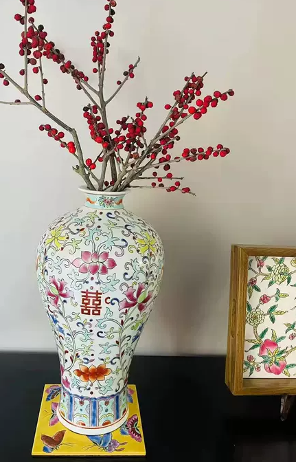 两高河手绘粉彩瓷器梅瓶插花花道器具陶瓷摆件桌面新中式复古仿古-图3