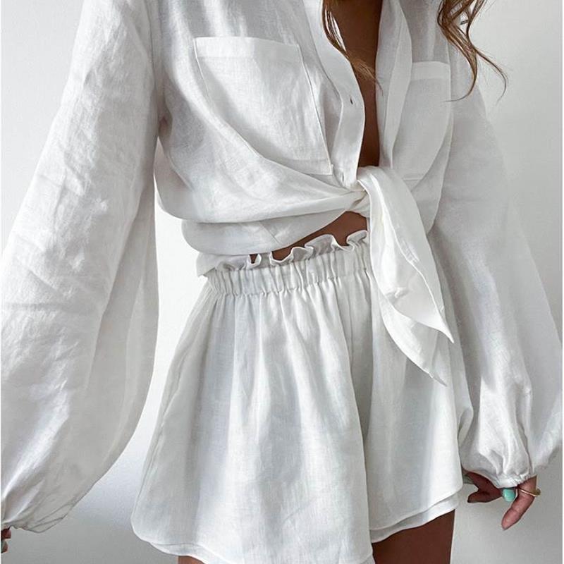 Lantern Long Sleeve Shirt Shorts Set欧美灯笼长袖衬衫短裤套装 - 图0