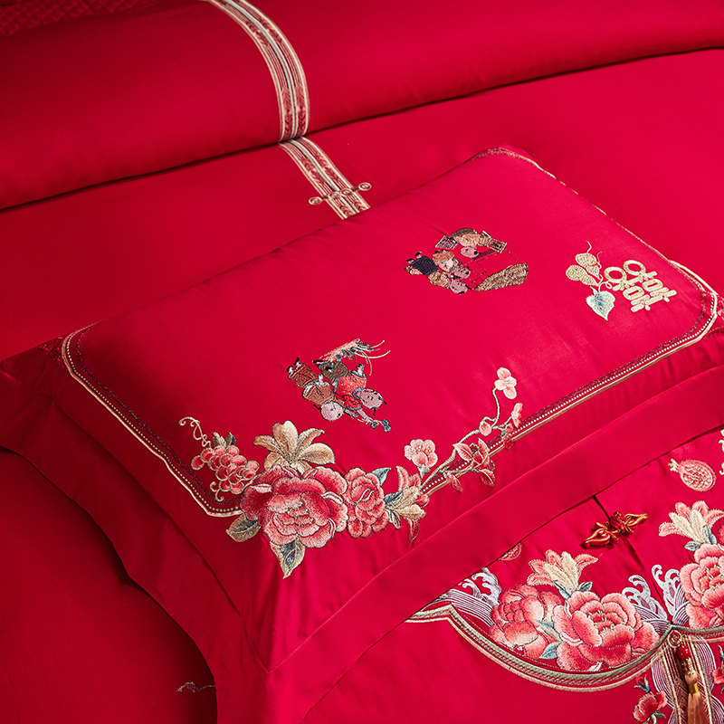 120支高端中式婚庆四件套新疆长绒棉刺绣全棉被套结婚大红色床品4,淘宝优惠券,粉丝福利购,淘宝优惠卷