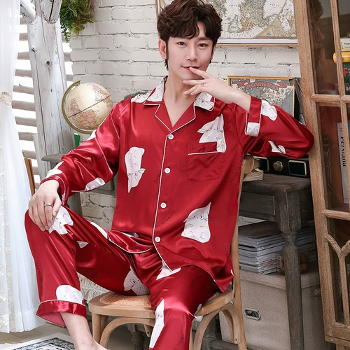 Демисезонная пижама для влюбленных, мужской тонкий шелковый летний демисезонный осенний лонгслив для отдыха