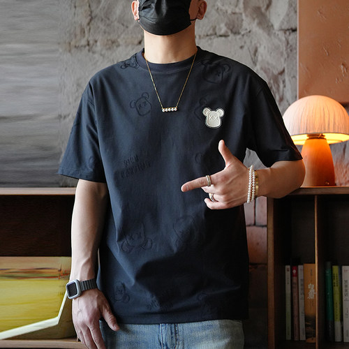 韩版潮流提花刺绣小熊短袖体恤男士夏季潮牌宽松圆领休闲半袖T恤 - 图0
