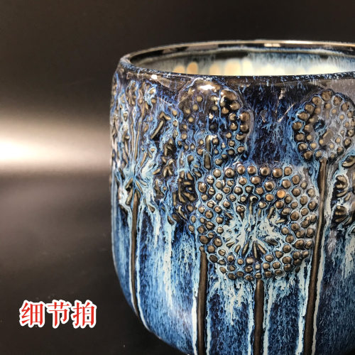 出口美国蒲公英窑变蓝浮雕高档古典陶瓷花盆铜钱草蝴蝶兰别墅室内 - 图1