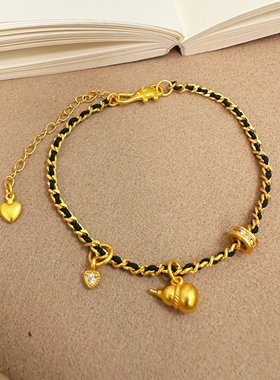 「轻金集」中式沙金锆石精致本命年招财葫芦黑红色手工绳编织手链