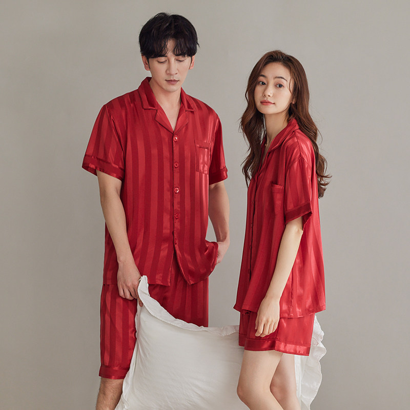 思馨坊情侣睡衣冰丝夏季短袖女款红色结婚新婚男士家居服两件套装,淘宝优惠券,粉丝福利购,淘宝优惠卷