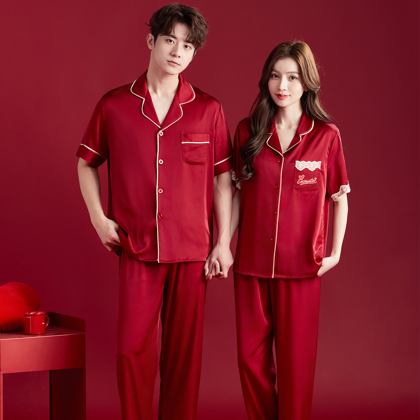 Sixinfang summer short-sleeved ice silk red wedding pajamas