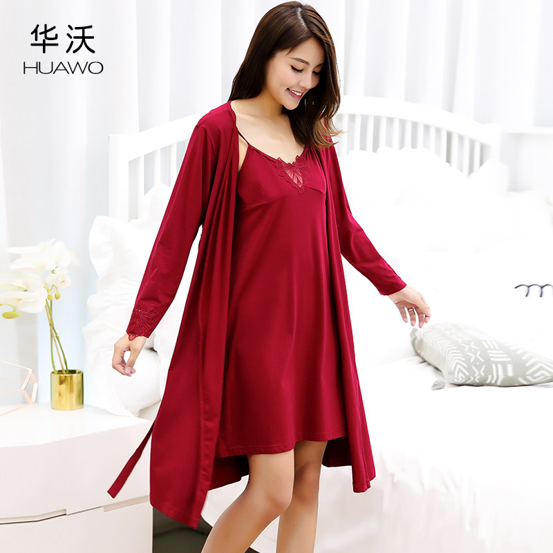 春秋季连体中长酒红色竹纤维睡裙 华沃服饰睡袍/浴袍