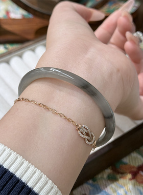 和田玉烟青玉细圆条高级感叮当镯