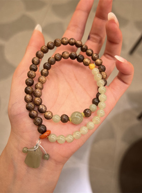 天然和田玉搭配沉香玛瑙双圈手链