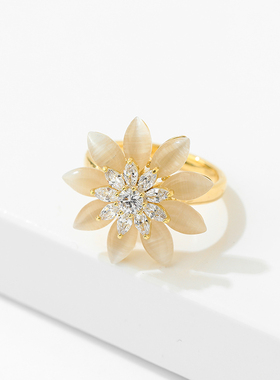 猫眼石戒指女小众设计高级感食指戒可调节开口戒个性锆石花朵尾戒