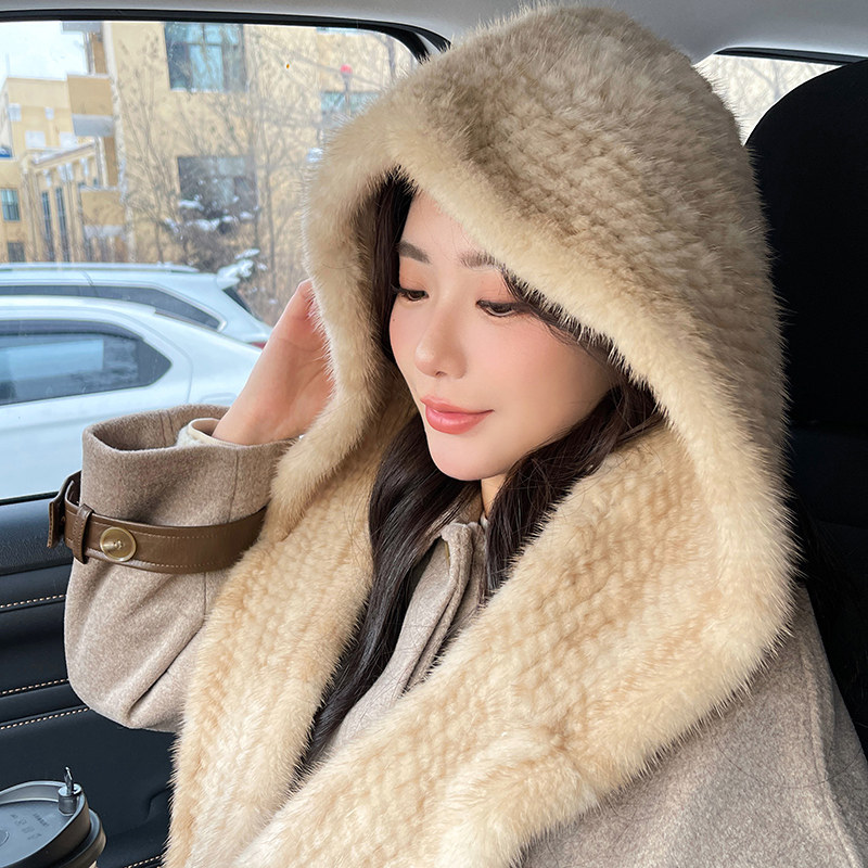 水貂编织风雪帽 冬季保暖围巾帽子一体皮草帽 男女户外裘皮帽子,淘宝优惠券,粉丝福利购,淘宝优惠卷