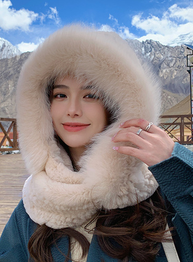 冬季出游围巾风雪帽獭兔配狐狸毛