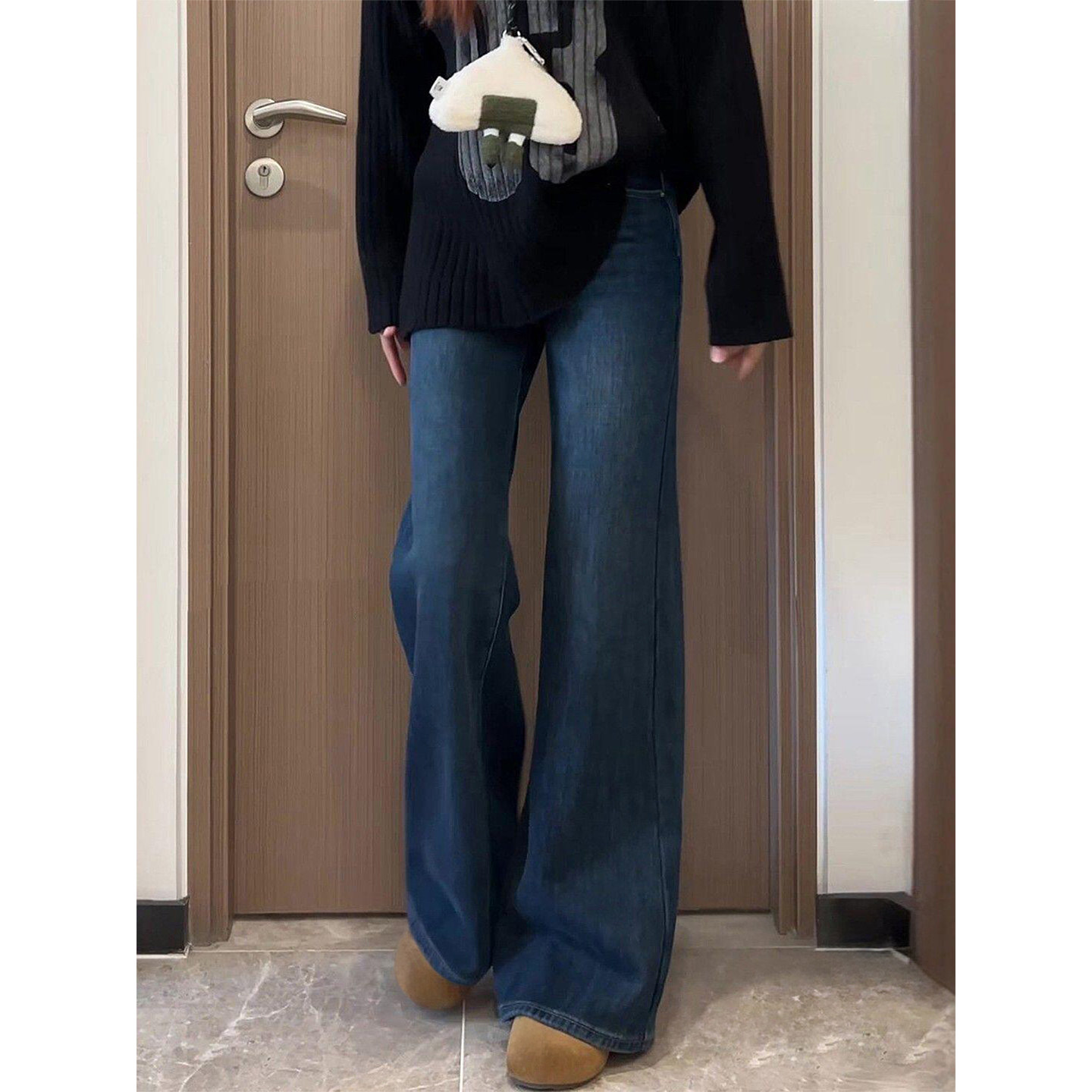 深蓝色加绒微喇牛仔裤女冬季胖妹妹mm高腰弹力显瘦不贴腿阔腿长裤,淘宝优惠券,粉丝福利购,淘宝优惠卷