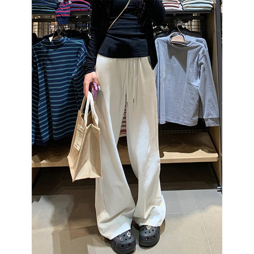 白色运动休闲裤女秋冬款胖妹妹mm高腰宽松显瘦梨型身材垂感阔腿裤 - 图0