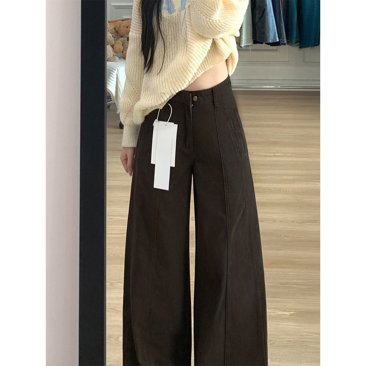 美拉德咖色阔腿牛仔裤女秋冬新款胖妹妹mm高腰宽松显瘦直筒长裤子,淘宝优惠券,粉丝福利购,淘宝优惠卷