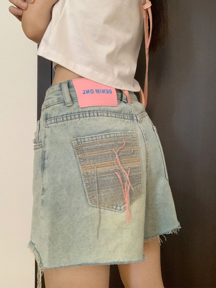 破洞牛仔短裤女夏薄款胖mm高腰宽松显瘦a字阔腿口袋刺绣流苏热裤,淘宝优惠券,粉丝福利购,淘宝优惠卷