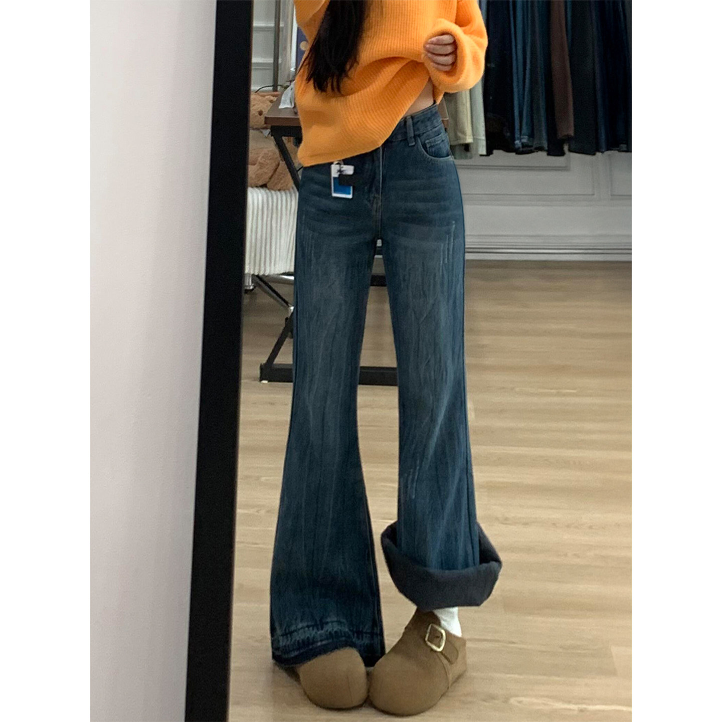 加绒加厚复古蓝微喇牛仔裤女秋冬新款胖妹妹mm高腰显瘦阔腿喇叭裤,淘宝优惠券,粉丝福利购,淘宝优惠卷