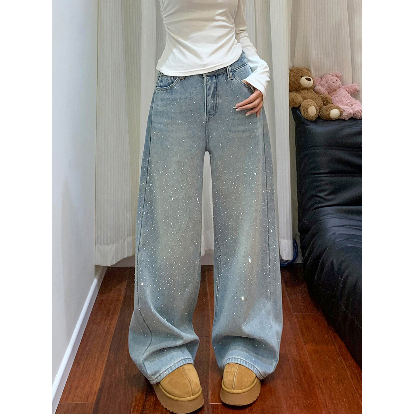 蓝色满天星烫钻阔腿牛仔裤女秋冬加绒加厚胖妹妹mm高腰显瘦直筒裤,淘宝优惠券,粉丝福利购,淘宝优惠卷