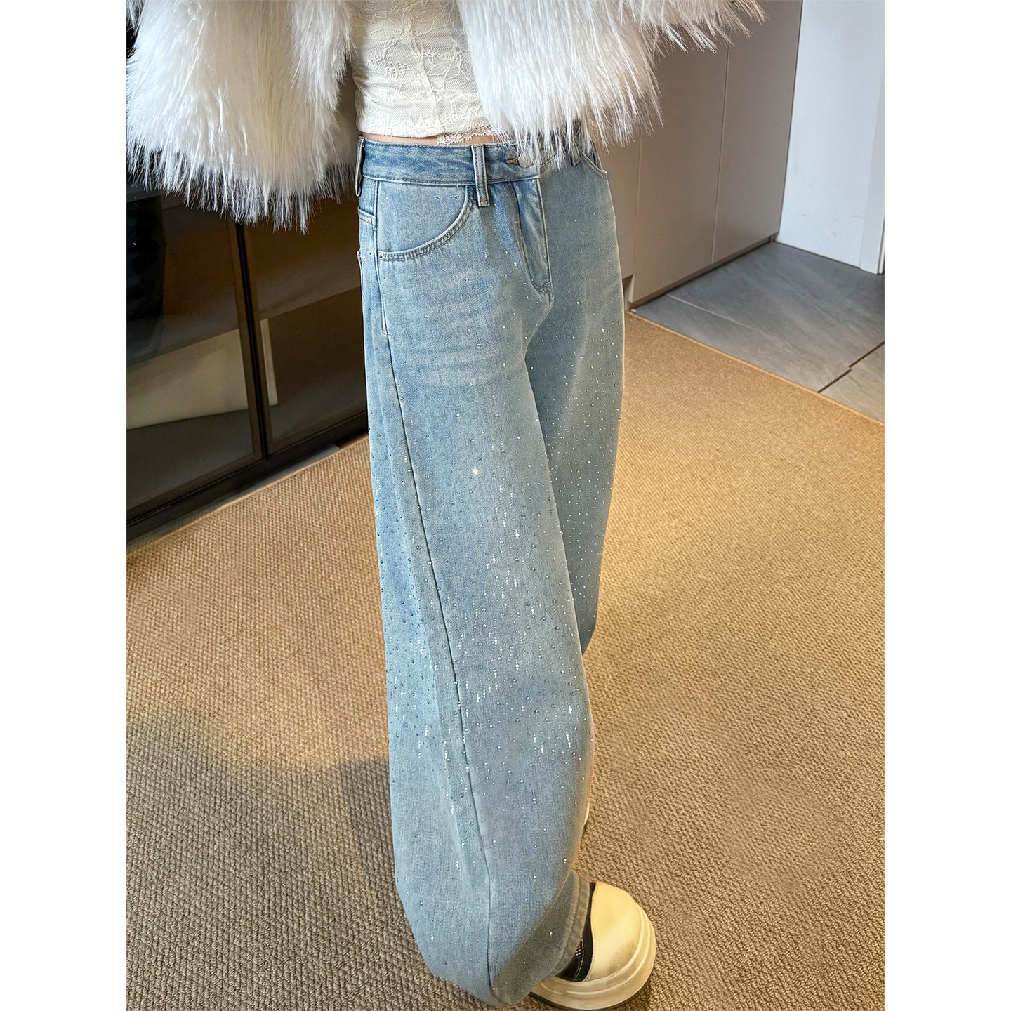 美式复古满天星烫钻牛仔裤女秋冬加绒胖妹妹mm设计感高腰阔腿长裤,淘宝优惠券,粉丝福利购,淘宝优惠卷