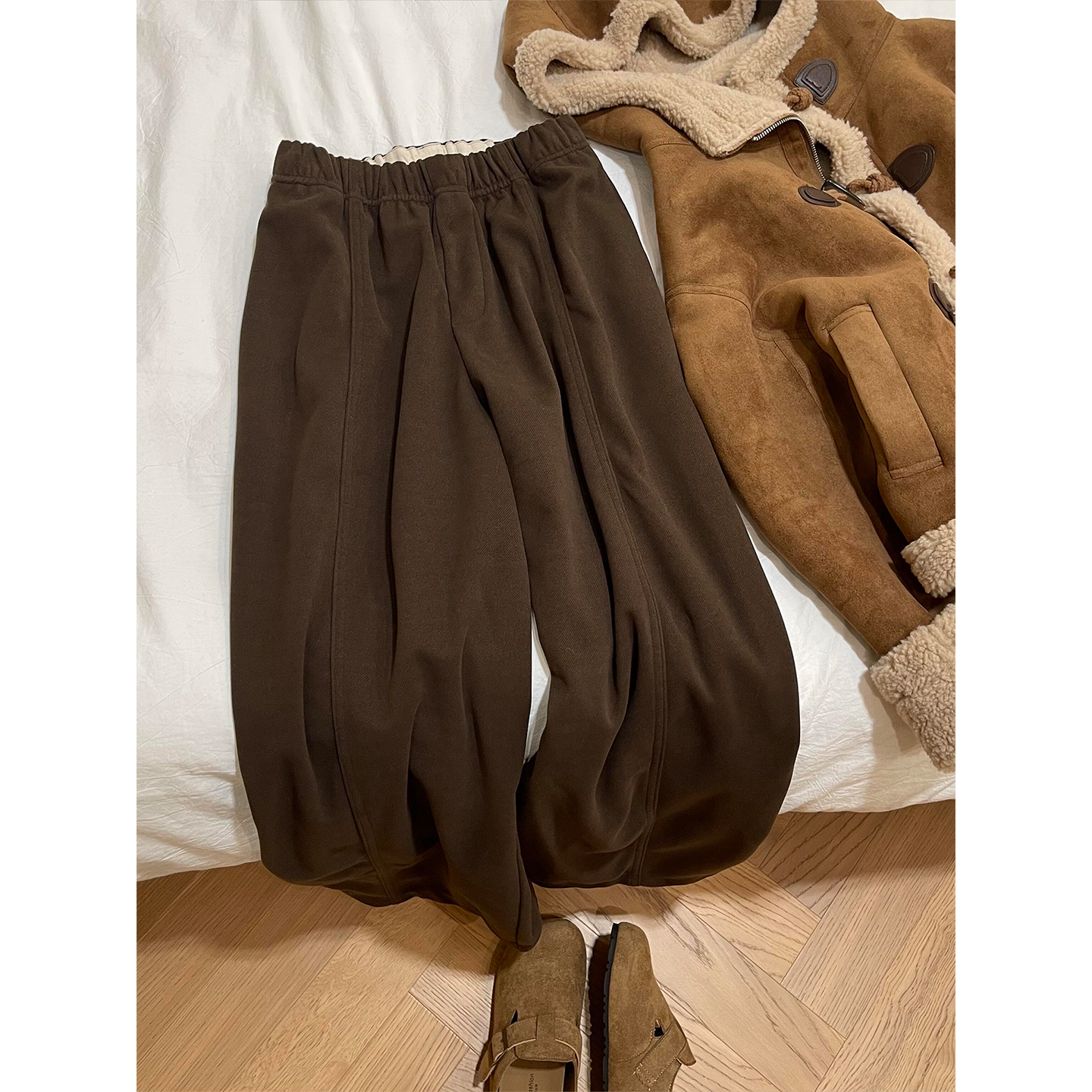 咖色毛呢阔腿裤女冬季加绒胖妹妹mm高腰遮胯显瘦梨型身材休闲裤子,淘宝优惠券,粉丝福利购,淘宝优惠卷