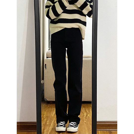 黑色直筒牛仔裤女2025秋冬加绒胖妹妹mm高腰宽松显瘦窄版阔腿长裤