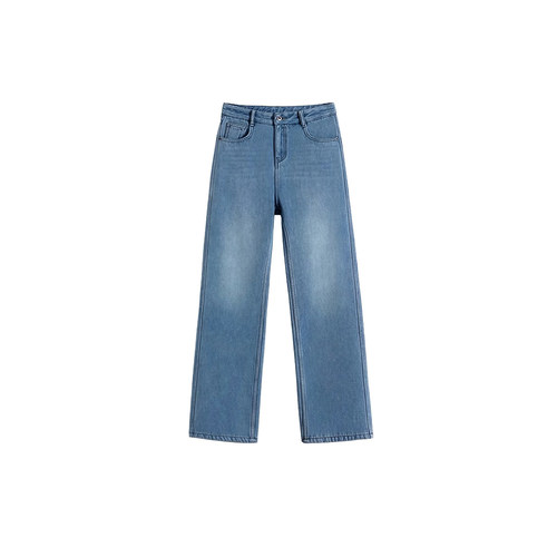 加绒加厚蓝色直筒牛仔裤女秋冬新款胖妹妹mm高腰宽松显瘦阔腿长裤 - 图3