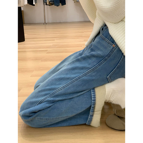加绒加厚蓝色直筒牛仔裤女秋冬新款胖妹妹mm高腰宽松显瘦阔腿长裤 - 图1