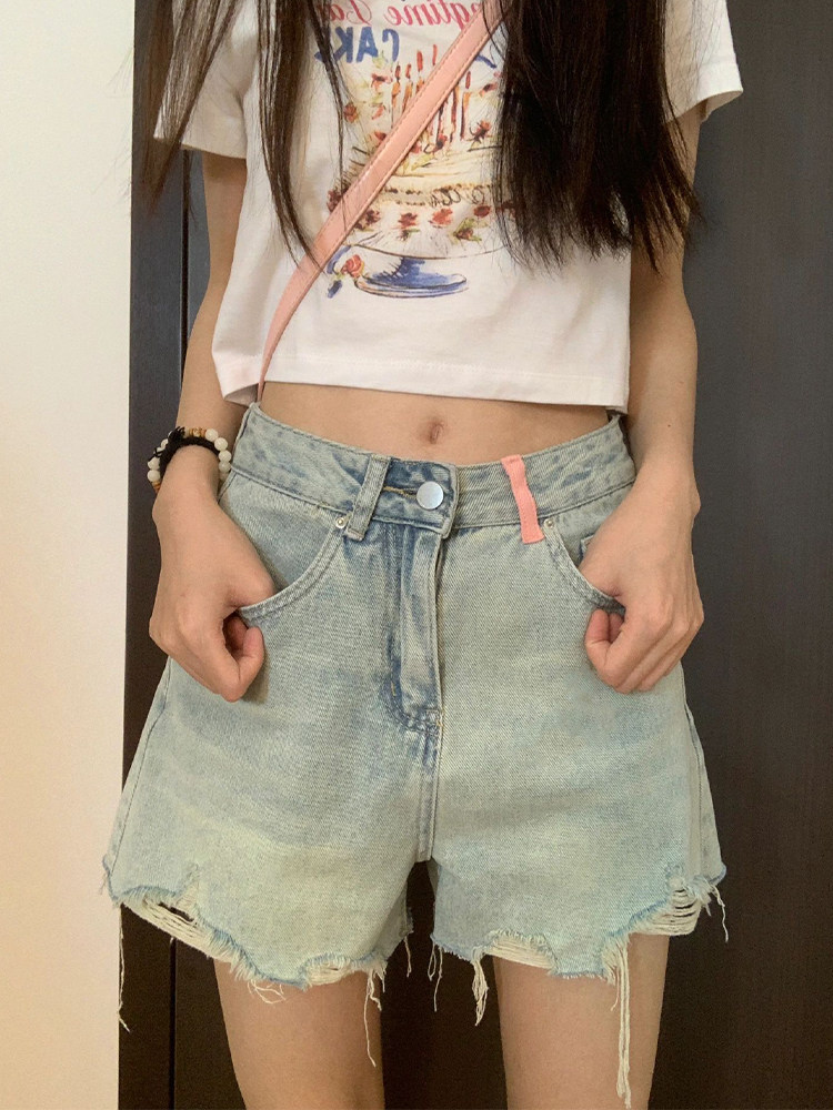 破洞牛仔短裤女夏薄款胖mm高腰宽松显瘦a字阔腿口袋刺绣流苏热裤,淘宝优惠券,粉丝福利购,淘宝优惠卷