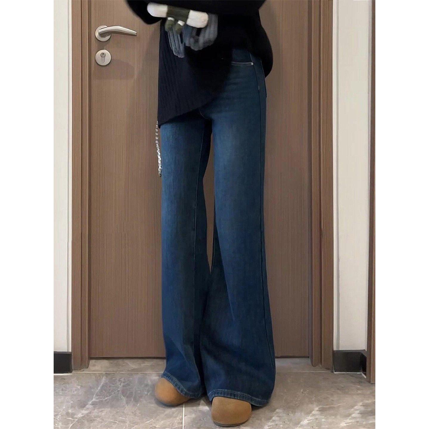 深蓝色加绒微喇牛仔裤女冬季胖妹妹mm高腰弹力显瘦不贴腿阔腿长裤,淘宝优惠券,粉丝福利购,淘宝优惠卷