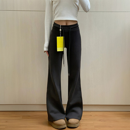 深灰色微喇休闲裤女2025秋冬加绒胖妹妹mm高腰弹力显瘦运动卫裤潮 - 图1