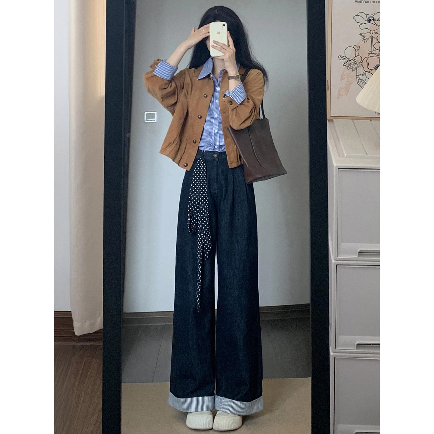 深蓝色卷边阔腿牛仔裤女秋冬新款胖妹妹mm高腰宽松显瘦直筒长裤子,淘宝优惠券,粉丝福利购,淘宝优惠卷