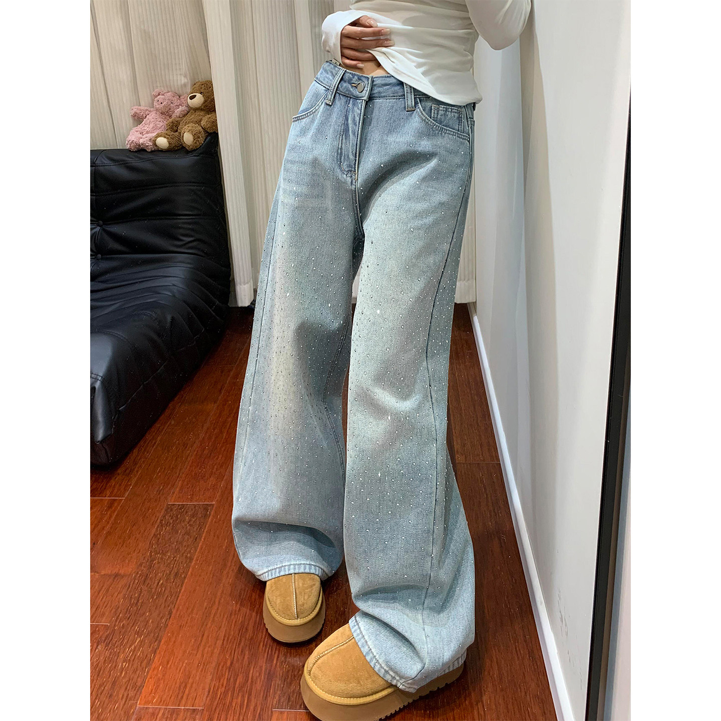 蓝色满天星烫钻阔腿牛仔裤女秋冬加绒加厚胖妹妹mm高腰显瘦直筒裤,淘宝优惠券,粉丝福利购,淘宝优惠卷