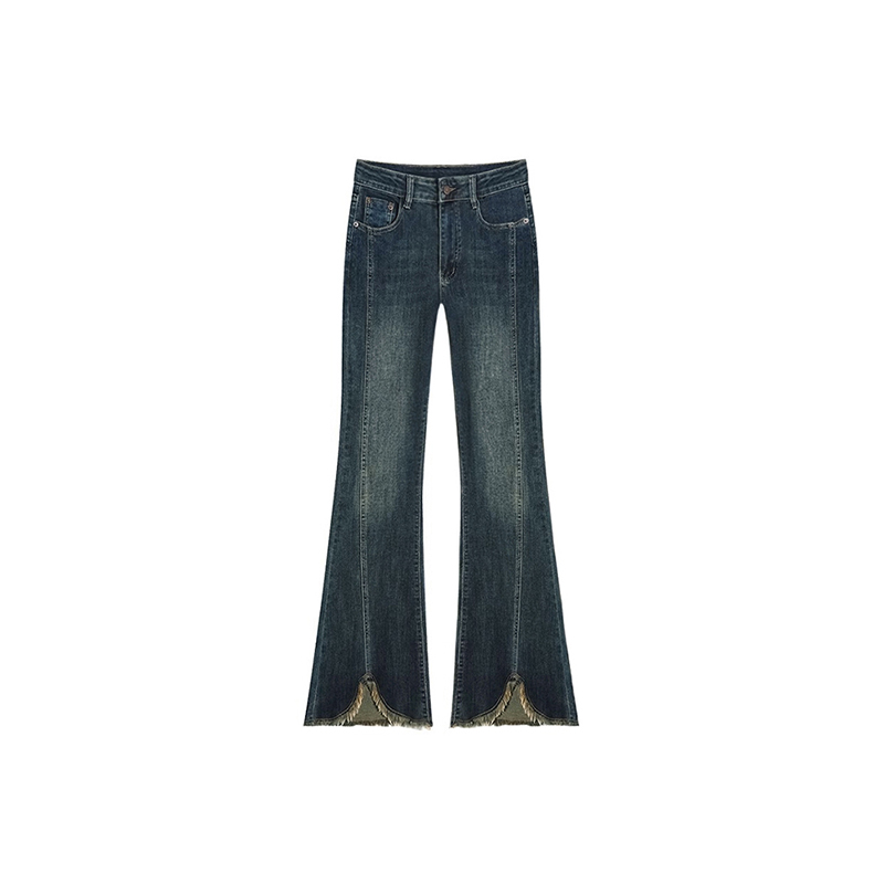 美式微喇开叉牛仔裤女秋冬加绒胖妹妹mm梨形身材高腰弹力显瘦长裤 - 图3