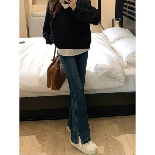 深蓝色开叉微喇牛仔裤女秋冬新款胖妹妹mm梨型身材高腰显瘦喇叭裤 - 图0