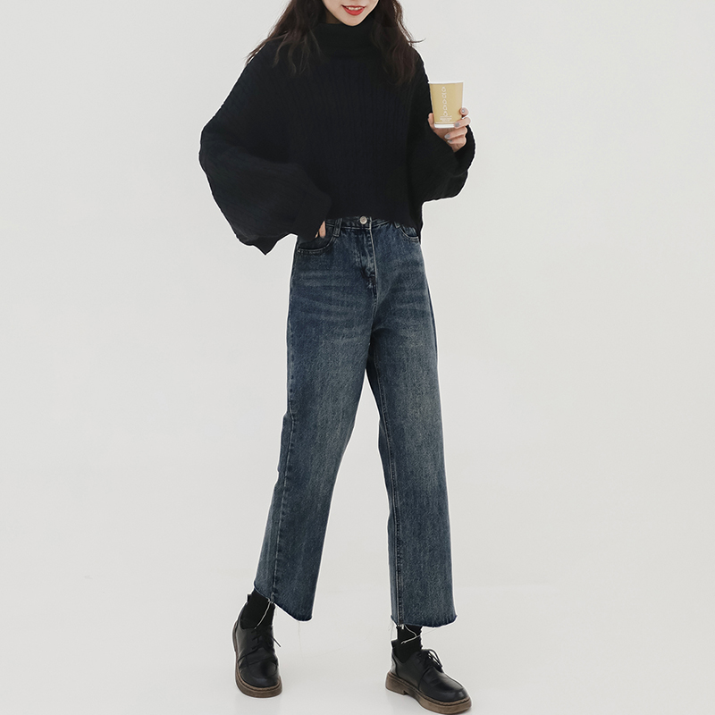 大码牛仔九分裤女胖妹妹mm高腰宽松直筒阔腿裤盐系女穿搭日系显瘦 - 图0