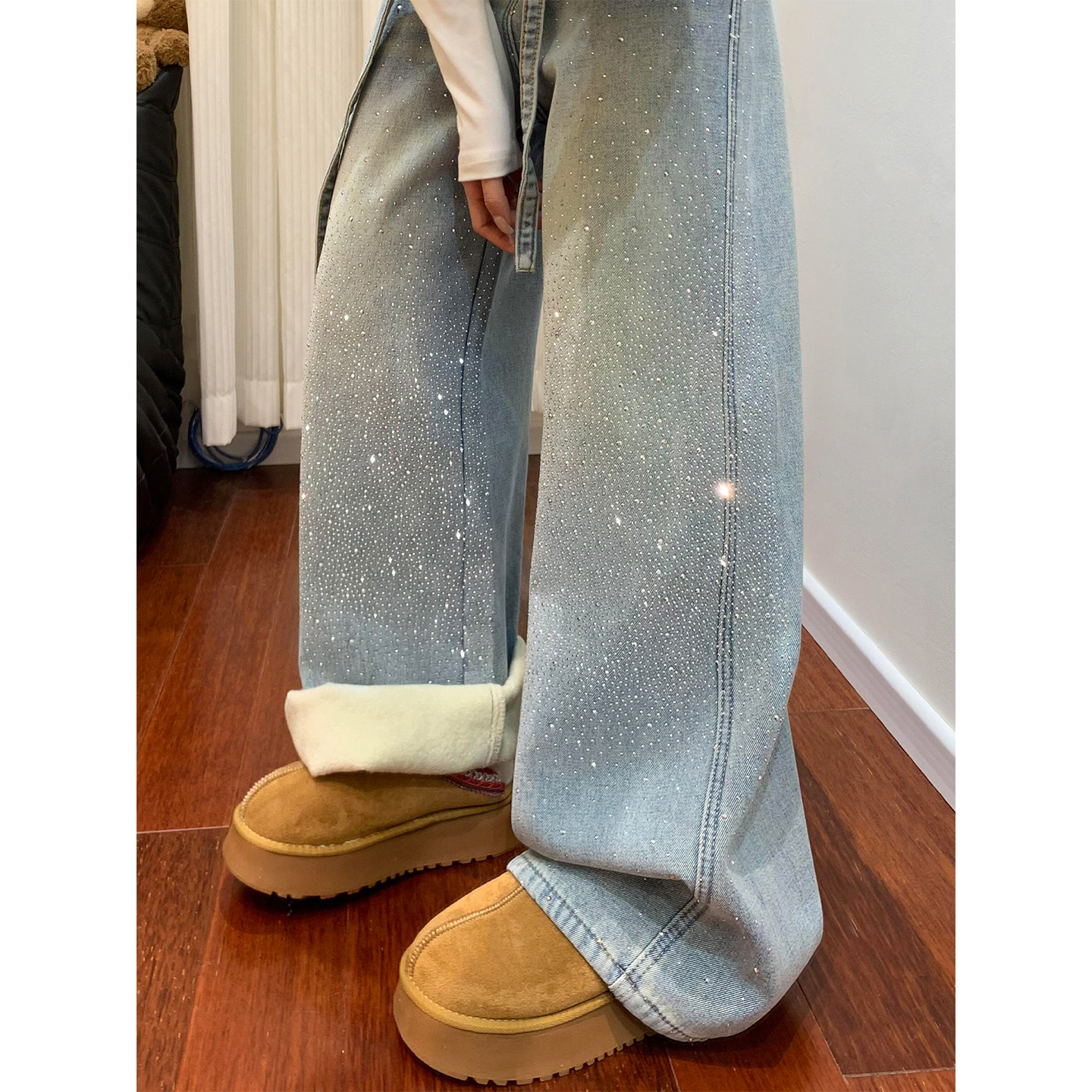 蓝色满天星烫钻直筒牛仔裤女冬季加绒加厚胖妹妹mm高腰显瘦阔腿裤,淘宝优惠券,粉丝福利购,淘宝优惠卷