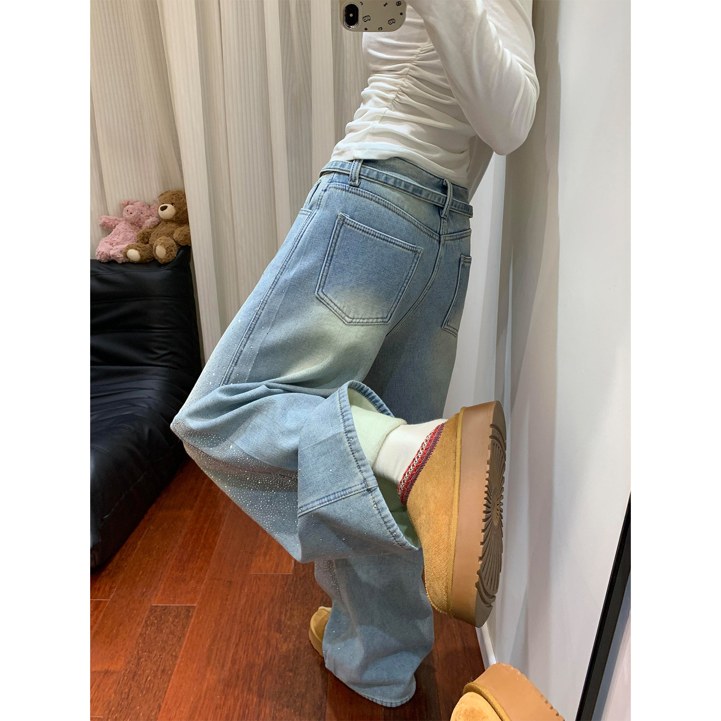 蓝色满天星烫钻直筒牛仔裤女冬季加绒加厚胖妹妹mm高腰显瘦阔腿裤,淘宝优惠券,粉丝福利购,淘宝优惠卷